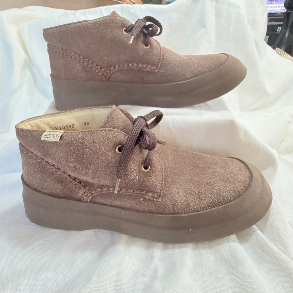 Vtg Esprit Suede Ankle Boots Chuka Crepe Platform Sole Brown Shoes EU 39 US 8.5